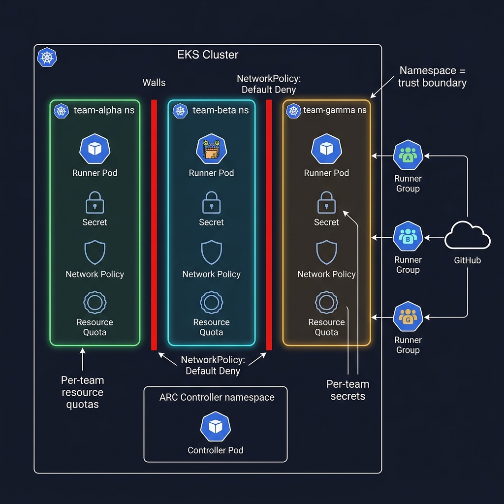 Multi-tenant runner isolation — each team gets a dedicated namespace with its own network policies, resource quotas, secrets, and runner group